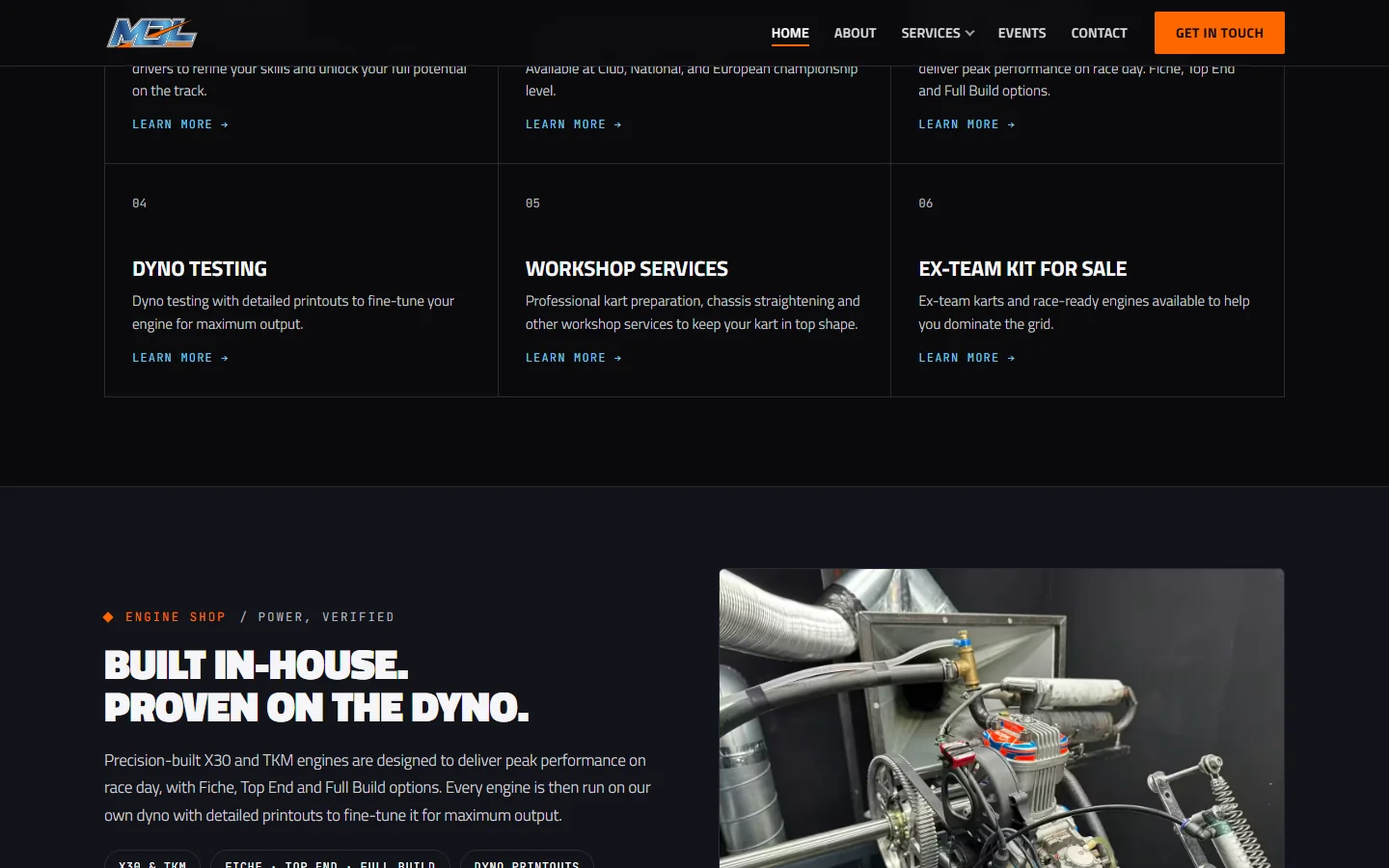 The engine shop section: 'Built in-house, proven on the dyno' beside a photograph of a kart engine on the dyno