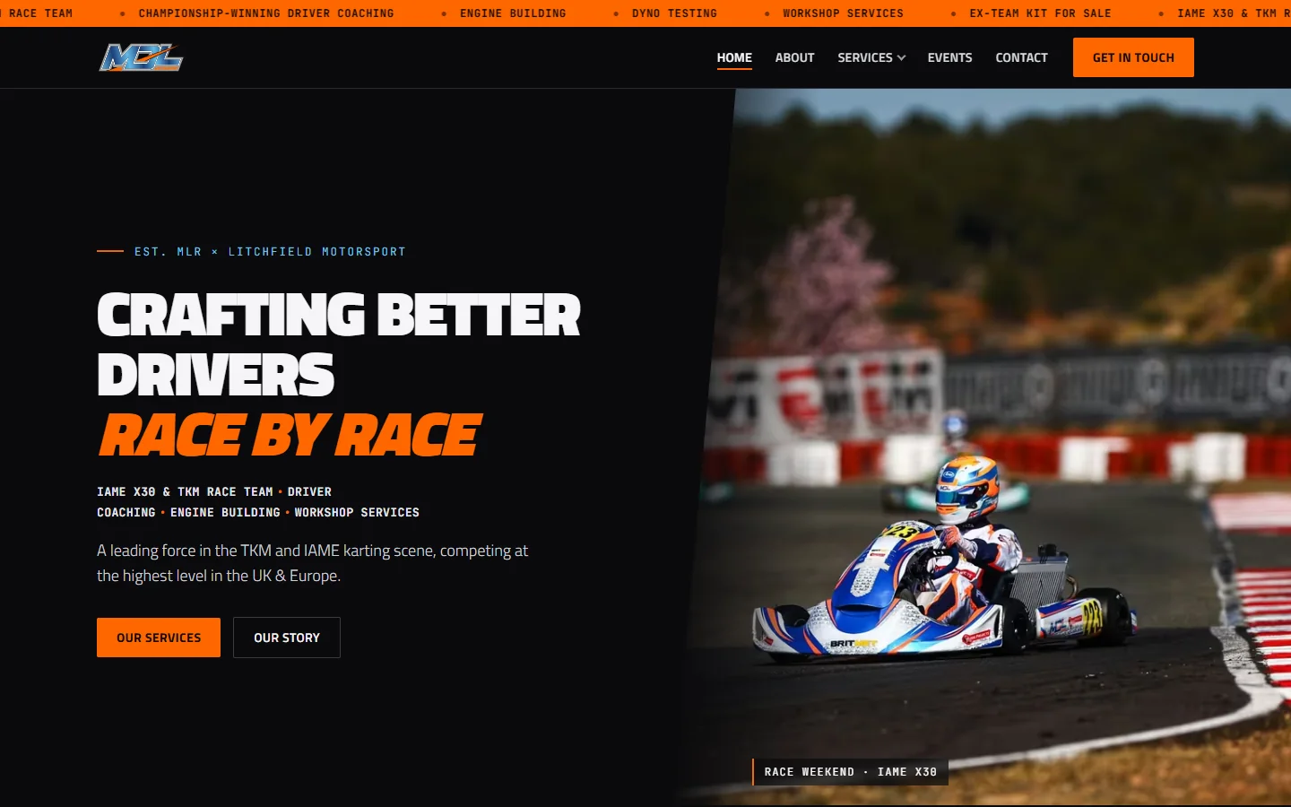 The MDL Motorsport homepage: a black page with orange accents and a kart on track