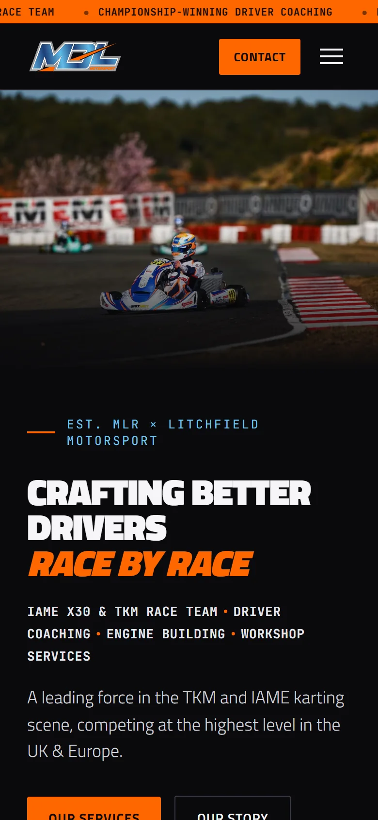 The MDL Motorsport homepage on a phone: the kart photograph on top, then the headline and the two main buttons