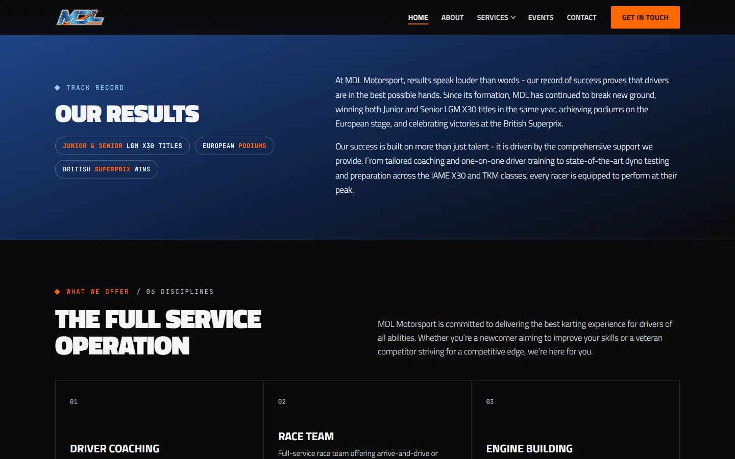 The services grid: driver coaching, race team and engine building, each with a short description and a learn more link