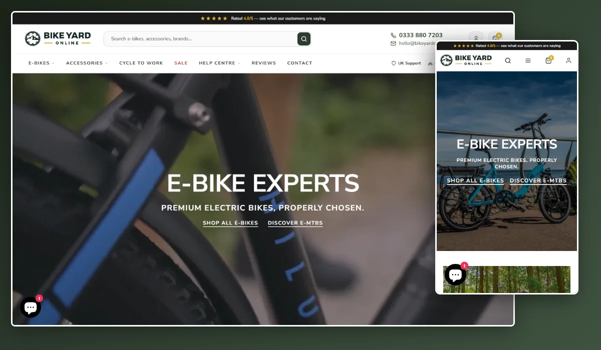 A screenshot of Bike Yard Online's website layout on desktop and mobile.