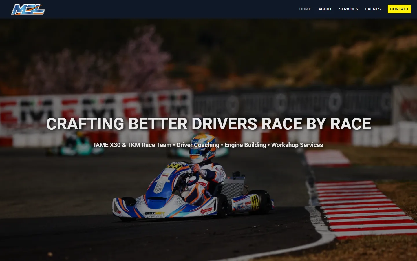 Screenshot of the MDL Motorsport homepage showing their karting services.